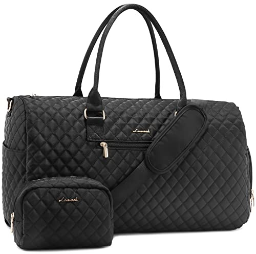 LOVEVOOK Travel Bags for Women, 45L Large Weekend Hospital Overnight Bag, Hand Luggage Duffel Bags with Shoe Compartment & Wet Pocket, Waterproof Carry on Holdall for Gym Travel Sports, Black