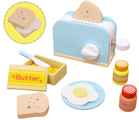 Embosomitr Toy Wooden Pop-Up Toaster Set for Kids, Breakfast Toy Kitchen Accessories, Wooden Food Toys for Play Kitchen, Preschool Educational Pretend Role Play Gifts for Girls (Bread Maker)