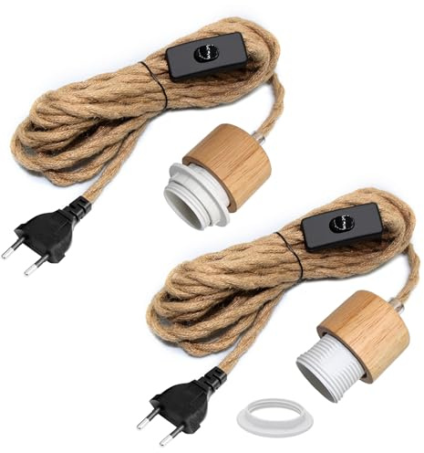 WPQIUZS 2 Stück Hanfseil Kabel Hängelampe mit Stecker, 500CM Hanfseil Lampe Lampenfassung E26/E27, Lampenkabel mit Schalter, Vintage Pendelleuchte mit Stecker, Hängeleuchte Steckdose, DIY Kunstlampe