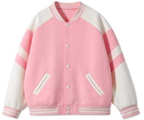 Rolanko Veste de Baseball pour Filles, Style Universitaire D'école avec Poches, Garçons Manteau Aviateur, Blousons pour Enfants, Rose, 140, 9-10 Ans