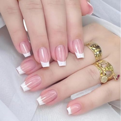 Aokitec French Press On Nails: Pink Mandel Nägel Tips Medium Full Cover Nägel zum Aufkleben No Need Top Coat for Salonqualität Angenehmes Tragegefühl 24pcs 12 Größen mit Klebesticker