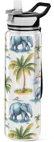 Mnsruu Bouteille d'eau de 1 l avec paille - Anti-fuite - Sans BPA - Motif palmiers et éléphants - Pour homme, femme, enfant