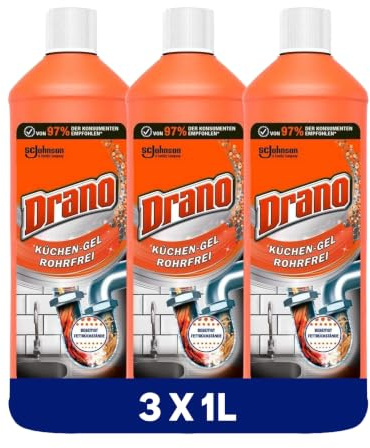 Drano (Mr Muscle) Küchen-Gel Rohrfrei Abflussreiniger, Rohrreiniger für die Küche, entfernt Verstopfungen, 3er Pack (3 x 1000 ml)