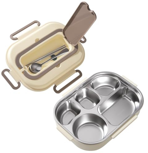 ZLLkeji Boîte Bento Metal Boite à Gouter en Inox avec 5 Compartiments Lunchbox Repas Amovible avec Baguettes et une Cuillère pour l'École Ou Travail,pour Enfants et Adultes