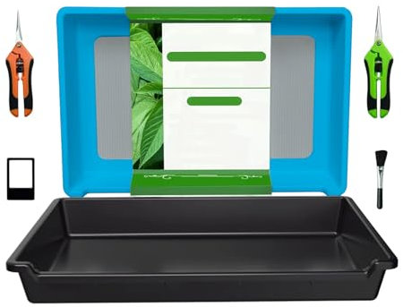 Trim Tray con colino per polline, 150 micron, set per erbe e fiori, con 2 forbici, pennello, lente d'ingrandimento, accessori per setacciare a secco e raccogliere polline e materiale vegetale (blu+