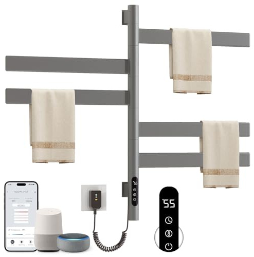 Scaldasalviette Elettrico Bagno, 450×680mm, 120W, Rotazione di 180° Termoarredo Elettrico Bagno, WiFi Cenere Scalda Salviette Bagno Elettrico, con Timer Termostato, Risparmio Energetico-G68 WiFi Gray