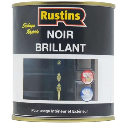 Rustins Peinture noire brillante à séchage rapide pour bois et métal, à l'intérieur et à l'extérieur, sans danger pour les aliments et les jouets – (500 ml, 7 m²)