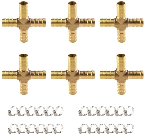 ANGEEK 6 pièces raccords pour tuyaux en laiton, 10 mm Raccord pour tuyaux en laiton en forme de X à 4 voies avec 24 colliers de serrage, adapté à l'air, au gaz, à l'eau et au carburant.