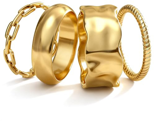 4 Stück Wasserfest Ringe Gold Stapelringe Damen 14K Vergoldet Ringe Set Chunky Dünn Daumenring Fingerring Damen Statement Promise Ring Gold Eheringe Verlobungsring 49mm(15.7mm),US=5 Golden