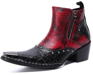 Yhsdfcn Äkta Läder Western Cowboy Stövel för Herr - Tvåfärgad Svart/Röd Bikerstil med Metall Tåhätta,Black,45 EU