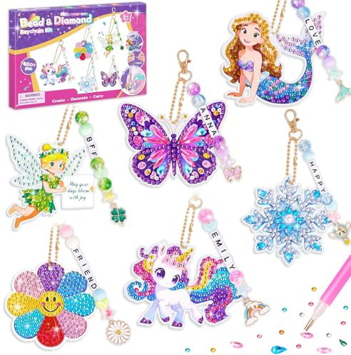 Gift for 5 6 7 8 9 Year Old Girls Diamond Art and Craft Kit for Kid Age 6-8 | Girls Birthday Present for 6 7 8 9 10 Years Olds Girls Toys, Bead & Diamond Painting Keyring, Creative Keychain Gift for Girl