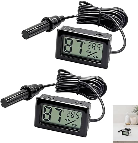 2 Pcs Reptile Thermometer Hygrometer, Digital Thermometer Hygrometer with Probe, Mini LCD Temperature Humidity Meter Embedded Climate Monitor Gauge for Terrarium Aquarium Incubator Greenhouse Black