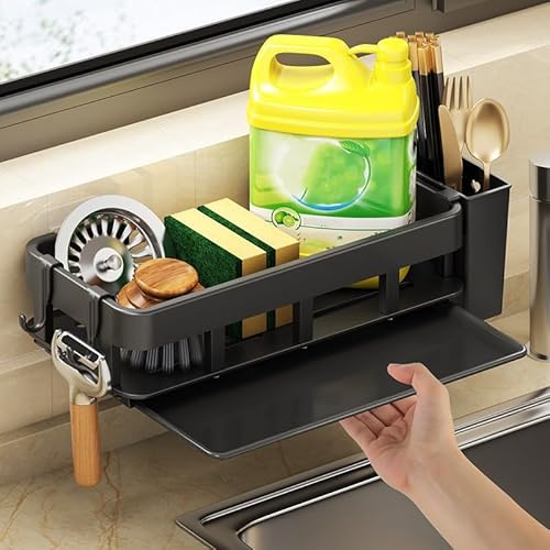 Spülbecken Organizer Schwarz - Küchen Spüle Organizer Schwammhalter mit Spülbürstenhalter & Geschirrtuchhalter, Hängend mit Abnehmbarer Tropfschale ohne Bohren für Küchen Arbeitsplatten Wandmontage