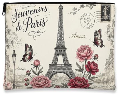 Parisian Vintage Floral Makeup Bag, Paris Tower Cosmetic Travel Pouch for Women, Portable Canvas Zipper Organizer, Spring Skincare Toiletry Bag, Beige, 7x9 Inch, Paris Tower