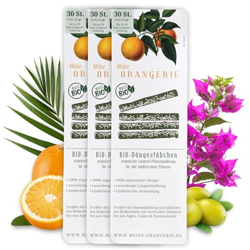 Meine Orangerie Düngestäbchen - 30 Sticks - Premium Pflanzendünger - Profi Dünger für mediteranne Pflanzen (3er-Pack, BIO)