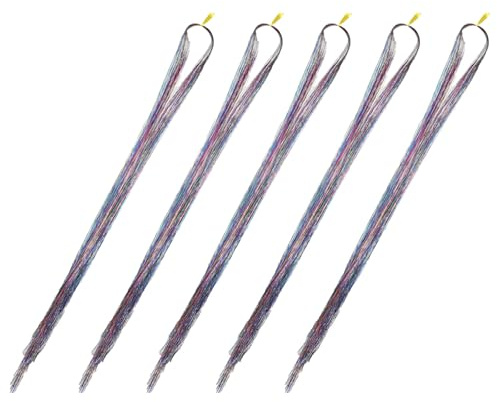 PartyKindom 750pcs Glitter Hair Extensions Pet Filament Tinsel Strands Easy to Use Highlight Hair Extensions for Night Club and Bar Party Accessories Silver Colour 5 Packs