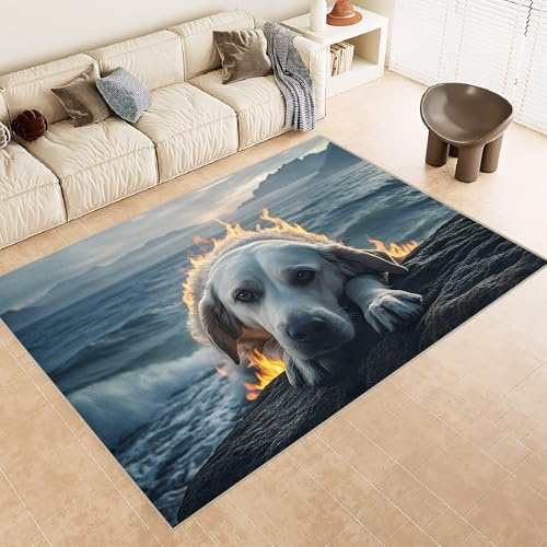 Waschbarer Kurzflor Teppich Tiermotiv Meer Fantasy 40x60 cm - Weich Faltbar & Rutschfest, 3D-Effekt Pflegeleicht für Eingang Fußmatte Badematte & Bettvorleger, Hund Labrador Haustier Flammen, A3
