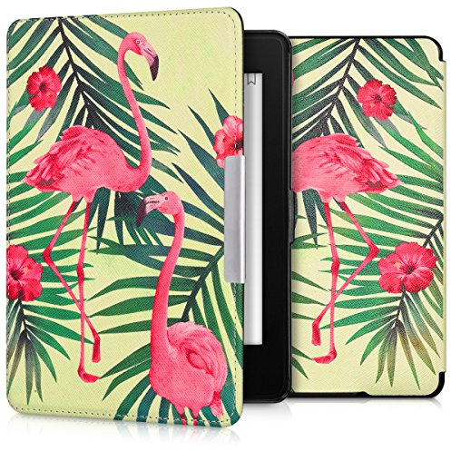 kwmobile Schutzhülle für Amazon Kindle Paperwhite Hülle - eReader Flip Case mit Auto Sleep Funktion - Flamingo Palmen mit Rosa Grün Hellgrün