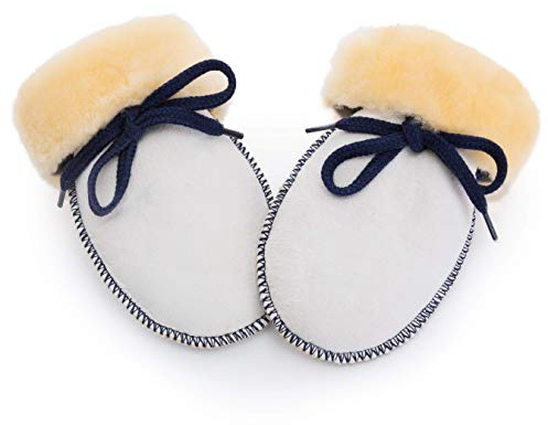Söt baby lammullvadsbyglar från Christen – unisex (för pojkar, flickor, småbarn, barn upp till 18 månader) med anslutningsband, varma vinterhandskar i beige med rosa eller blått garn 2 Natur (mit blau)