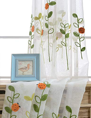 Lactraum Vorhang Kinderzimmer Mädchen mit Ösen Bestickt Marienkäfer Blumen Voile Meterware