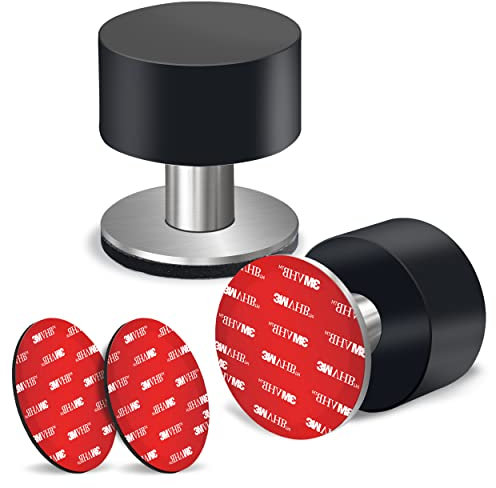 2-Pack Door Stops with Extra Stickers, Self-Adhesive Door Stopper with Black Rubber & Stainless Steel Body - Heavy Duty Sound Dampening Door Bumpers for Home & Office Use