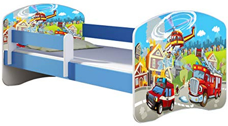 ACMA Kinderbett Jugendbett mit Einer Schublade und Matratze Blau mit Rausfallschutz Lattenrost II 140x70 160x80 180x80 (36 Feuerwehr, 180x80)
