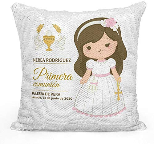 AR Regalos Cojín de Lentejuelas Mi Primera Comunión – Regalos para Comunión Originales – Recordatorio de Comunión para Niña – Color Rosa