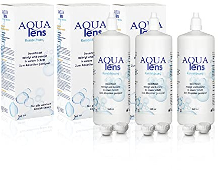 AQUA lens Solution Multifonction 3x360 ml - 1080 ml + 3 étuis - Solution tout-en-un haut de gamme pour lentilles de contact souples avec HPMC (1080 ml)
