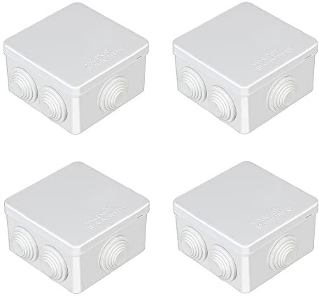 Pack of 4 White IP55 Junction Box, ABS Plastic Outdoor External Electrical Enclosure Box, Universal Weatherproof Surface Mounted CCTV Junction Boxes (85x85x50mm)