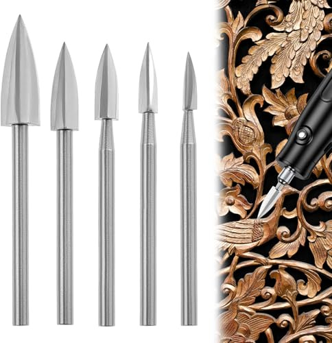 QWORK® Set di Punte per Intaglio in Legno per Utensili Rotanti, 5 Pz Punte Trapano in HSS Gambo da 1/8 per Incisione Legno (3mm, 4mm, 5mm, 6mm, 8mm)