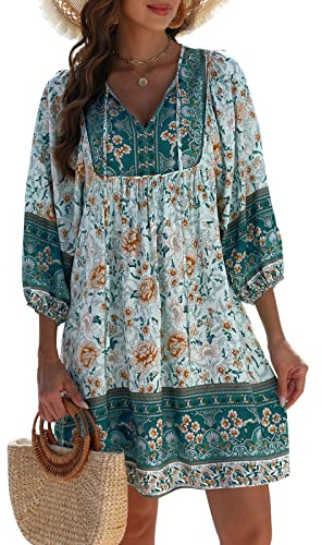 Qearal Womens V Neck Dress 3/4 Balloon Sleeve A-Line Casual Short Mini Dress Blue M