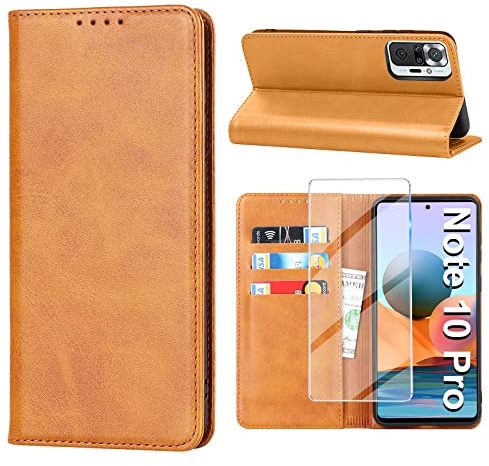 Vaki Handyhülle für Xiaomi Redmi Note 10 Pro Hülle mit Panzerglas Schutzfolie, Schutzhülle Note 10 Pro Max Leder Wallet Kartenfach Standfunktion Klapphülle Note 10 Pro Case Cover Klappbar (gelb)
