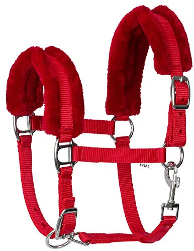 Start FoalMink Fohlenhalfter – Weiches, Verstellbares Ponyhalfter mit Kunstfell – Komfortables und Langlebiges Halfter für Fohlen & Ponys – Ideal für Stall, Weide & Training (Foal, Rot)