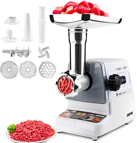 Geepas 2000W Electric Meat Grinder - Sausage Maker, Meat Mincer, Sausage Stuffer Food Grinding Mincing Machine with Kibbe Attachment – 3 Different Cutting Plates (Renewed)