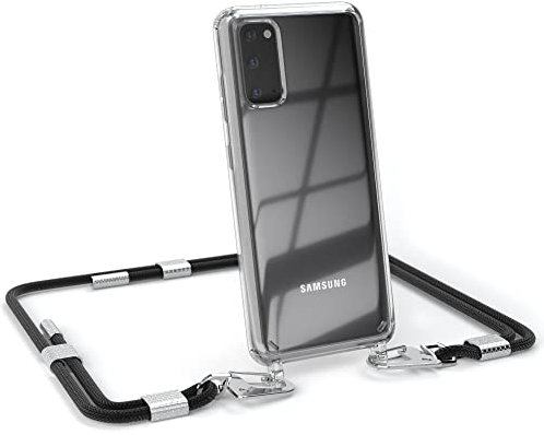 EAZY CASE - kombinierbare Handyketten kompatibel mit Samsung Galaxy S20 / S20 5G, Transparente Silikon-Hülle mit rundem Umhängeband, Abnehmbarer Karabiner, Umhängetasche, Schwarz - Clips Silber