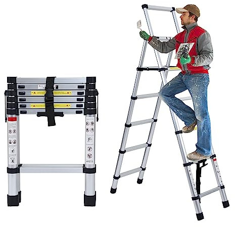 Ansobea 2,0m + 2,3m Klappleiter Teleskop Klappbar Teleskopleiter Aluminiumleiter Ausziehleiter Teleskopleiter Schiebeleiter Stehleiter Leiter Stabilität Maximale Tragkraft von 150kg Gerüstleiter