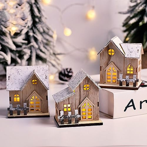Weihnachtsdorf mit Beleuchtung Timer Weihnachtsdeko Holz 3 Stück, Holzhaus Weiss Weihnachtsbaumdorf Weihnachtshaus Beleuchtet, Weihnachtsstadt Häuser, Weiß, Schneeflocke (C, Ohne Timing)