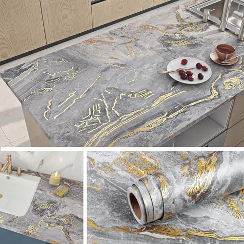 Livelynine Marmor Folie Selbstklebend Grau mit Vene Gold 500CM x 90CM Breit Marmor Tapete für Wand Grau Gold Wohnzimmer Schlafzimmer Abwaschbare Folie Arbeitsplatte Küche Badezimmer Klebefolie Küche
