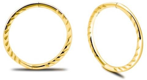24K Gold Plated On 925 Sterling Silver Solid Seamless Diamond Cut Twist Sleeper Hoop Earrings Small Hinged Thin Handmade 8mm 10mm 12mm 14mm For Women Men Girls (14mm)
