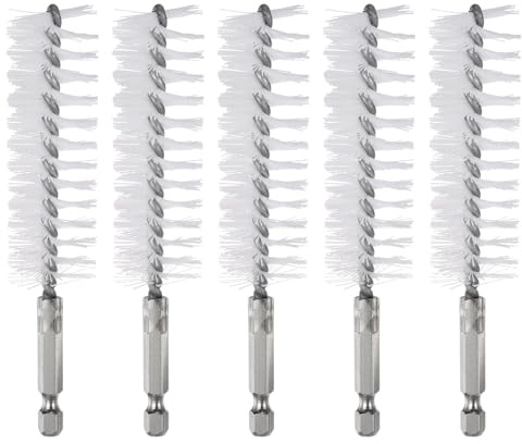 sourcing map 5Pcs Nylon Bore Brush 25mm Dia Cleaning Twisted Wire Brush Tube Pipe Cleaner with Handle 1/4 Inch Hex Shank for Tubes, Ports, Bearings