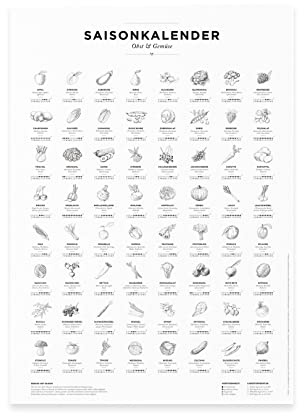 Calendario stagionale Frutta & Verdura, Poster, Decorazione da Cucina, decorazione murale (Nero/Bianco, A3 (42,0 x 29,7 cm))