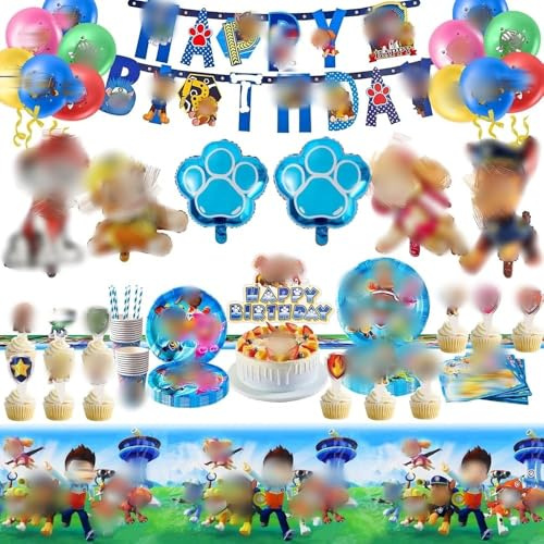 Birthday Party Decorations,105PCS Party Tableware Set Dog Balloons Dog Birthday Decorations Cake Toppers Napkins Banner Plates Party Tableware