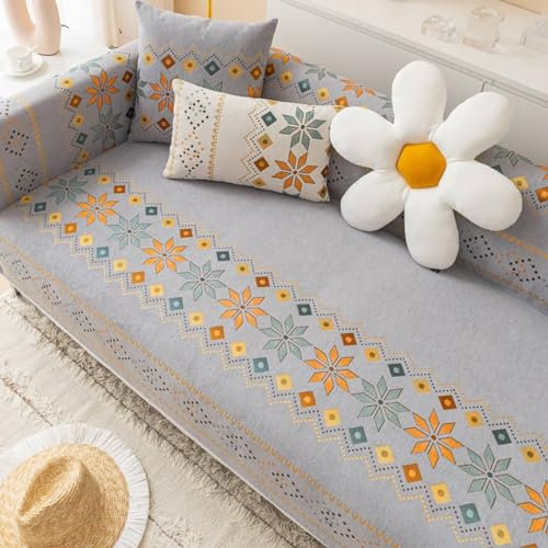 Epinki Couchbezug, 90x210CM Sofa Überzug 2 Sitzer Bohemian Stil Geometrisch Blumen Muster, Kratzfester Sofaschoner aus Chenille Anti-Rutsch-Couch, Grau