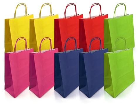 Netuno 10 Einkaufstüten mit Henkel sortiert 18x8x21 cm für Geschenke | Reißfeste Tragetaschen aus Kraftpapier – für Handel, Verkauf, Party, Weihnachten, Ostern, Boutique, Markt & Mitgebsel