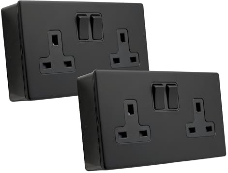 SHP ELECTRICAL® Screwless Matt Black Metal 2 Gang 13A Switched Socket and 25mm Surface Mount Pattress Box (2 Gang Socket + Back Box (2 Pack))
