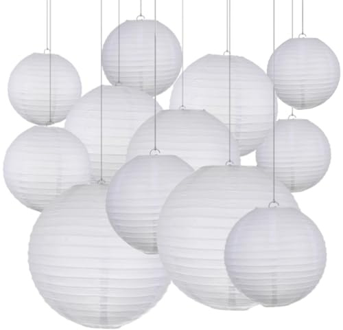 Papierlaterne, 12 Stücke Lampions Weiße 10/15/20/25/30cm | Papier Laterne Hängende Runde Papierlaternen für Hochzeit Geburtstag Feiern Garten Deko