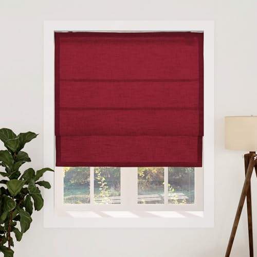 Lustrowin Custom Cordless Roman Window Shades, Light Filtering Window Treatment Pull Down Shades for Windows, Privacy Protection Removable Fabric Window Blinds for Home, Burgundy Red