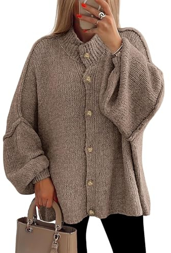 HULKAY Women's Winter Button Down Cardigan Sweaters Mock Neck Lantern Long Sleeve Chunky Knit Jacket Trendy Outerwear (UK, Alpha, M, Regular, Regular) Khaki
