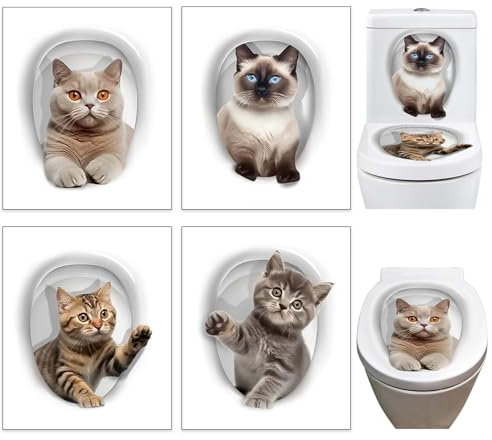 Eowppue Vielseitige WC-Aufkleber: Set von 4 liebenswerten Katzen-Motiven für Toilette und Mülltonne, perfekt für öffentliche Toiletten und Waschräume.