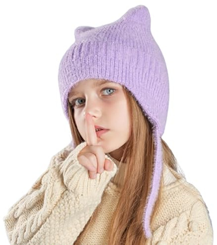 Barn vinter kattöron stickad öronlappshatt 4-10 år pojkar flickor tecknad mössa hatt med snöre barn varm enfärgad plyschmössa anti-kalla öron skydda tillbehör utomhus cykling skidåkning termisk skalle